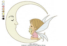 Cargar imagen en el visor de la galería, Fairy embroidery design - Baby girl embroidery designs machine embroidery pattern - Moon embroidery file - Girl moon flowers stars design
