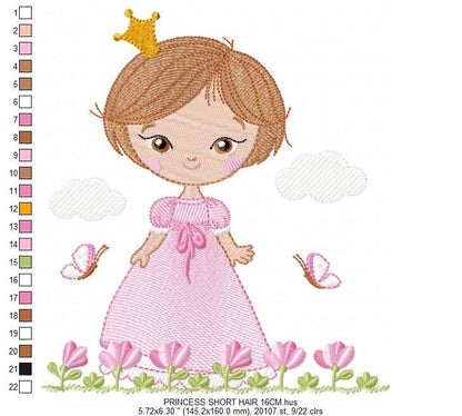 Princess embroidery designs - Baby girl embroidery design machine embroidery pattern - Girl with flowers  and short hair embroidery file pes