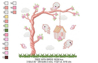 Bird embroidery designs - Bird House machine embroidery pattern - Baby girl embroidery file - Birds with tree - Instant download pes jef dst - Marcia Embroidery