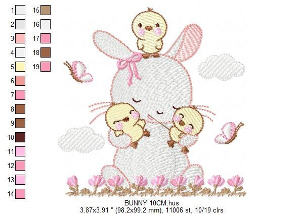 Bunny with birds embroidery design - Rabbit with little chicks machine embroidery pattern - Rabbit with flowers - Instant download pes jef - Marcia Embroidery