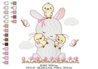 Bunny with birds embroidery design - Rabbit with little chicks machine embroidery pattern - Rabbit with flowers - Instant download pes jef - Marcia Embroidery