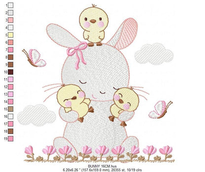 Bunny with birds embroidery design - Rabbit with little chicks machine embroidery pattern - Rabbit with flowers - Instant download pes jef - Marcia Embroidery