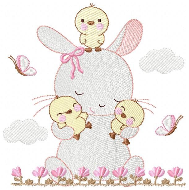 Bunny with birds embroidery design - Rabbit with little chicks machine embroidery pattern - Rabbit with flowers - Instant download pes jef - Marcia Embroidery