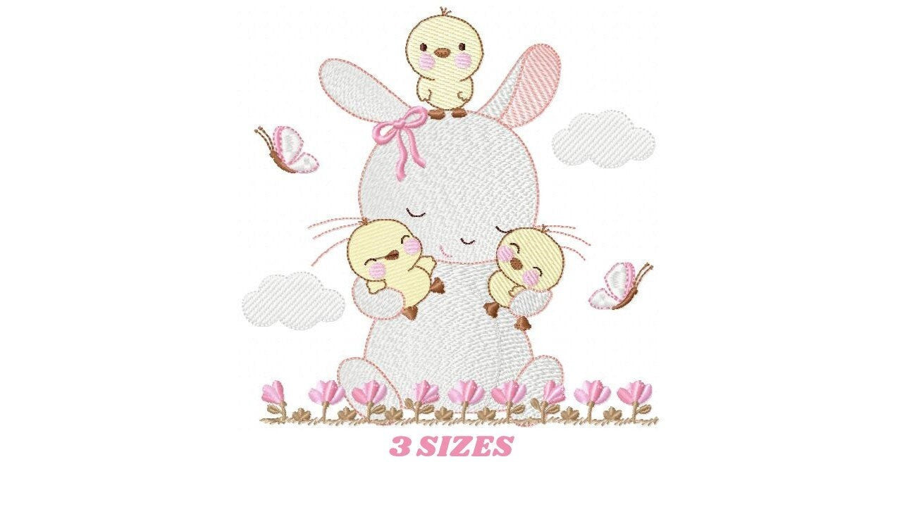 Bunny with birds embroidery design - Rabbit with little chicks machine embroidery pattern - Rabbit with flowers - Instant download pes jef - Marcia Embroidery