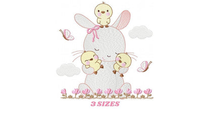 Bunny with birds embroidery design - Rabbit with little chicks machine embroidery pattern - Rabbit with flowers - Instant download pes jef - Marcia Embroidery