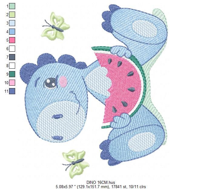 Dinosaur embroidery designs - Dino embroidery design machine embroidery pattern - Baby boy embroidery file - Dinosaur with watermelon pes Marcia Embroidery