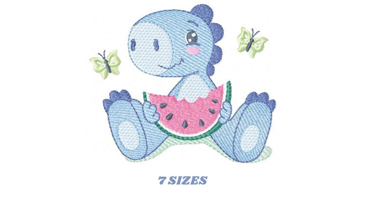 Dinosaur embroidery designs - Dino embroidery design machine embroidery pattern - Baby boy embroidery file - Dinosaur with watermelon pes Marcia Embroidery