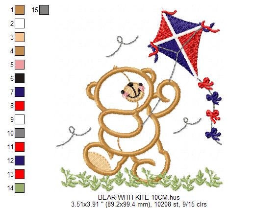 Kite embroidery designs - Baby Boy embroidery design machine embroidery pattern - Bear embroidery file - Bear with kite applique design pes