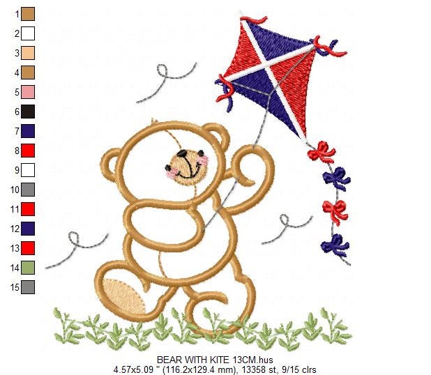Kite embroidery designs - Baby Boy embroidery design machine embroidery pattern - Bear embroidery file - Bear with kite applique design pes