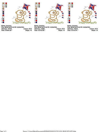 Kite embroidery designs - Baby Boy embroidery design machine embroidery pattern - Bear embroidery file - Bear with kite applique design pes