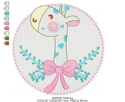 Giraffe with lace and flowers embroidery designs - Safari animal embroidery design machine embroidery pattern - Baby Girl embroidery file - instant download