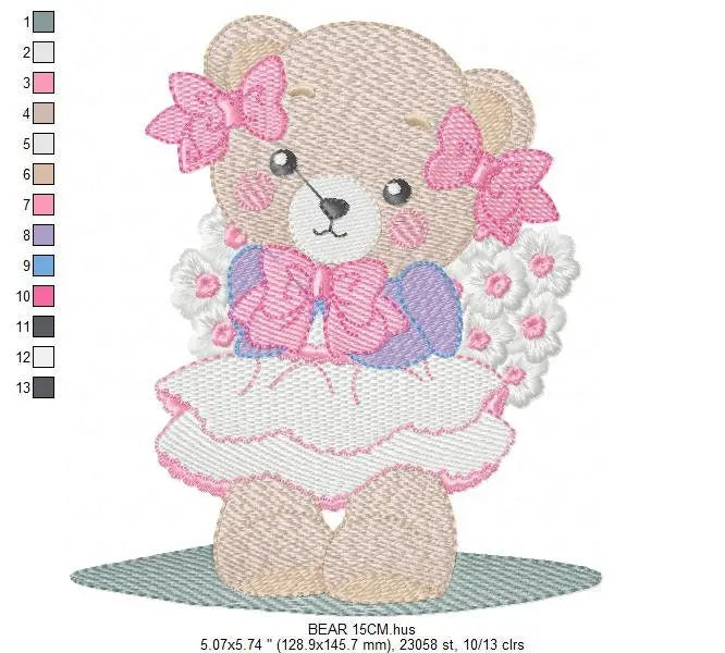 Female Bear embroidery designs - Baby girl embroidery design machine embroidery pattern - Bear with lace and dress embroidery file pes jef Marcia Embroidery