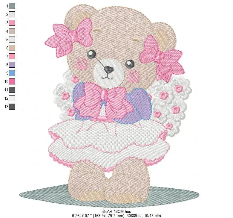 Female Bear embroidery designs - Baby girl embroidery design machine embroidery pattern - Bear with lace and dress embroidery file pes jef Marcia Embroidery