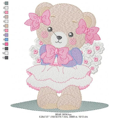 Female Bear embroidery designs - Baby girl embroidery design machine embroidery pattern - Bear with lace and dress embroidery file pes jef Marcia Embroidery