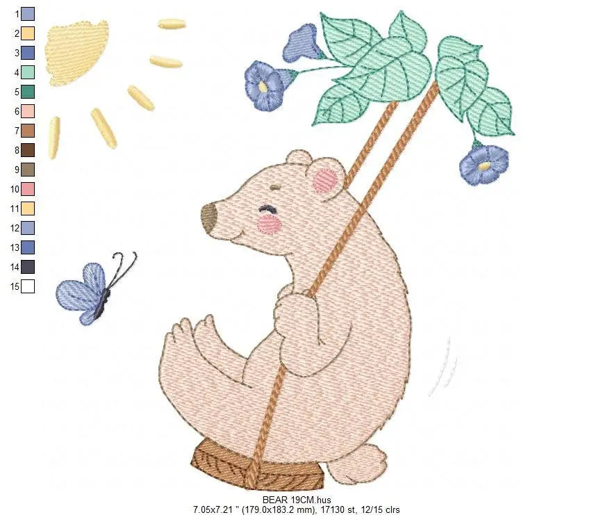 Bear embroidery designs - Baby boy embroidery design machine embroidery pattern - Bear in swing male bear embroidery file - instant download Marcia Embroidery