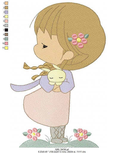 Baby Girl embroidery designs - Toodler with rabbit machine embroidery pattern - Girl with bunny file - Instant digital download pes jef dst - Marcia Embroidery