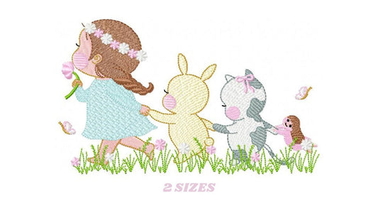 Girl with animals embroidery designs - Delicate Girl embroidery design machine embroidery pattern -  Rabbit and Cat spring garden pes jef