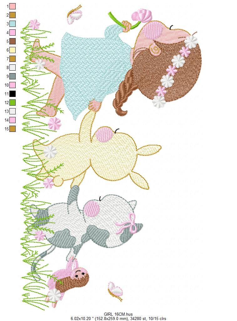 Girl with animals embroidery designs - Delicate Girl embroidery design machine embroidery pattern -  Rabbit and Cat spring garden pes jef Marcia Embroidery