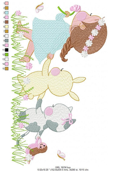 Girl with animals embroidery designs - Delicate Girl embroidery design machine embroidery pattern -  Rabbit and Cat spring garden pes jef Marcia Embroidery