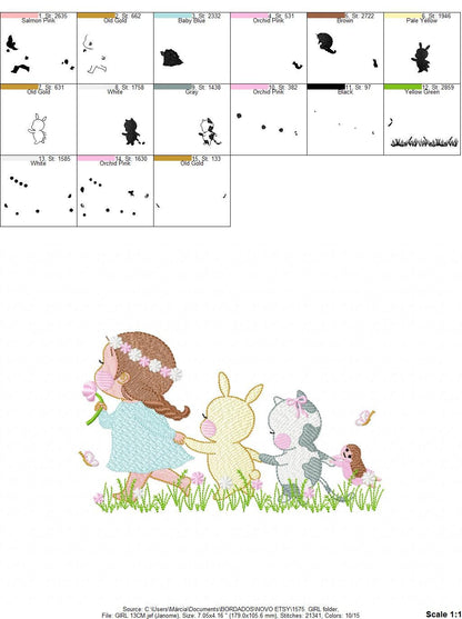 Girl with animals embroidery designs - Delicate Girl embroidery design machine embroidery pattern -  Rabbit and Cat spring garden pes jef Marcia Embroidery