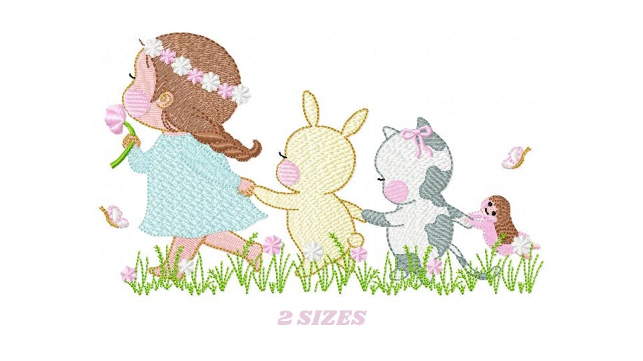 Girl with animals embroidery designs - Delicate Girl embroidery design machine embroidery pattern -  Rabbit and Cat spring garden pes jef Marcia Embroidery