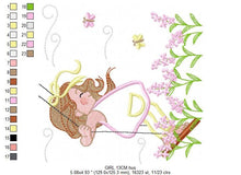 Cargar imagen en el visor de la galería, Girl with swing embroidery designs - Baby girl embroidery design machine embroidery pattern - Spring garden embroidery file instant download
