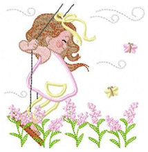 Cargar imagen en el visor de la galería, Girl with swing embroidery designs - Baby girl embroidery design machine embroidery pattern - Spring garden embroidery file instant download
