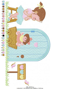 Baby girl embroidery designs - Toddler embroidery design machine embroidery pattern - Girl with toy spring garden - instant download pes jef