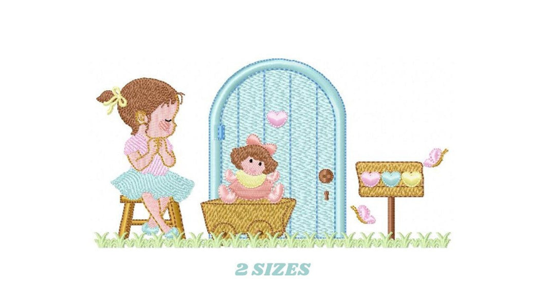 Baby girl embroidery designs - Toddler embroidery design machine embroidery pattern - Girl with toy spring garden - instant download pes jef