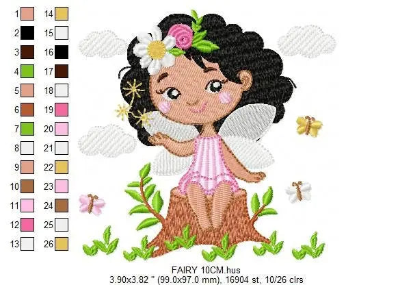 Fairy embroidery designs - Baby girl with black curly hair machine embroidery pattern - Fantasy Pixie file - Instant digital download pes Marcia Embroidery