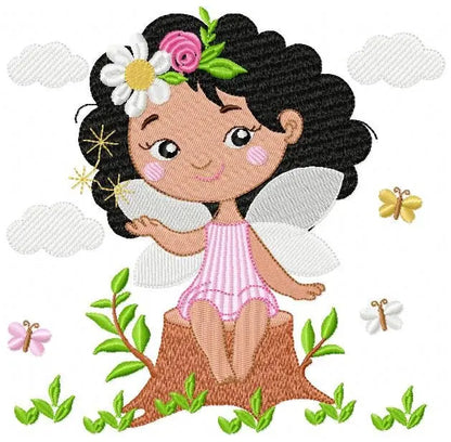 Fairy embroidery designs - Baby girl with black curly hair machine embroidery pattern - Fantasy Pixie file - Instant digital download pes Marcia Embroidery