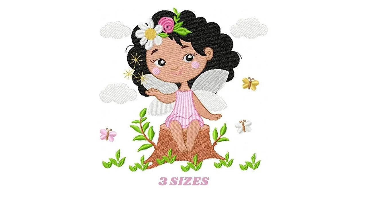 Fairy embroidery designs - Baby girl with black curly hair machine embroidery pattern - Fantasy Pixie file - Instant digital download pes Marcia Embroidery