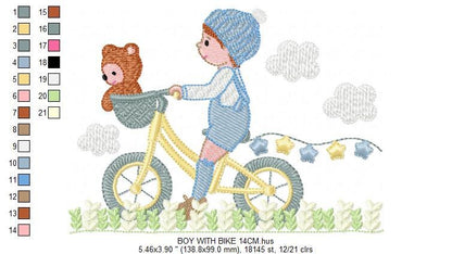 Boy with bike embroidery designs - Baby Boy embroidery design machine embroidery pattern -  instant download Bicycle cyclist Biker kid toy