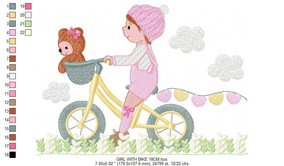 Girl with bike embroidery designs - Girl with bear embroidery design machine embroidery pattern - Cyclist Bicycle flowers - instant download Marcia Embroidery