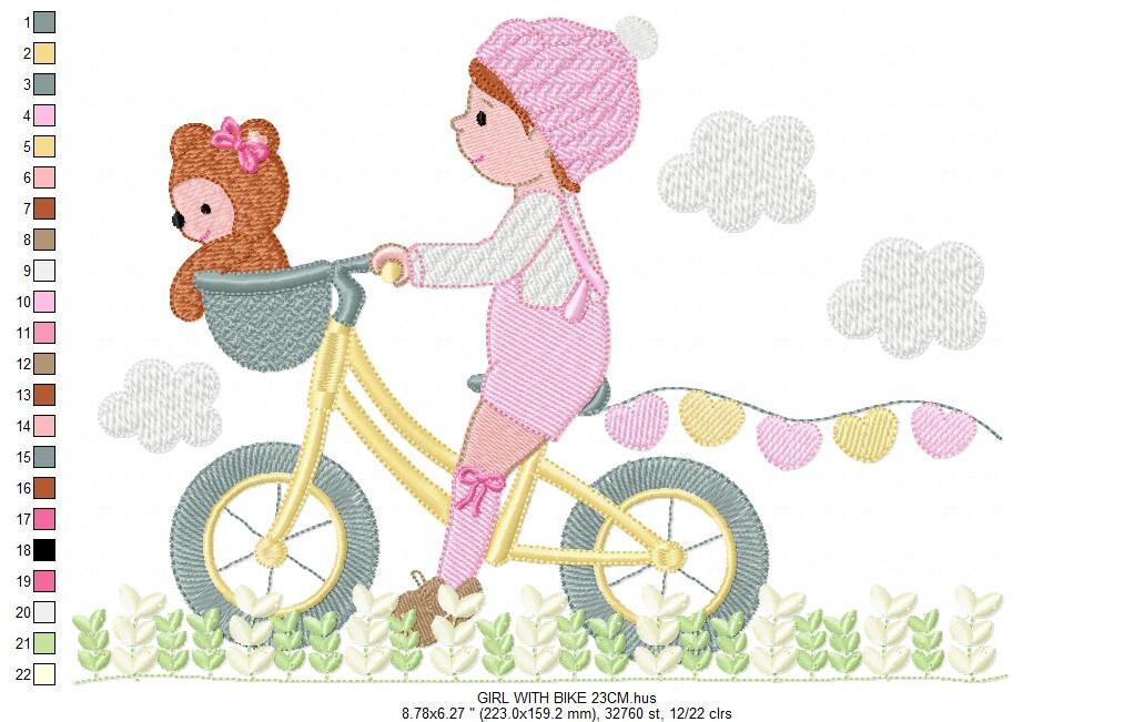 Girl with bike embroidery designs - Girl with bear embroidery design machine embroidery pattern - Cyclist Bicycle flowers - instant download Marcia Embroidery