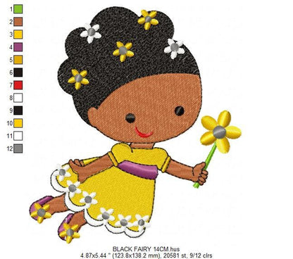 Fairy embroidery designs - Baby girl embroidery design machine embroidery pattern - Fantasy Pixie embroidery file - Curly black hair girl Marcia Embroidery