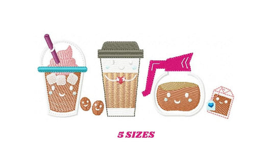 Coffee embroidery design - Coffeepot and Ice coffee machine embroidery pattern - Cafeteria Kitchen Towel file - Instant digital download pes