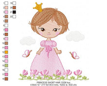 Charger l&#39;image dans la galerie, Princess embroidery designs - Baby girl embroidery design machine embroidery pattern - Girl with flowers  and short hair embroidery file pes
