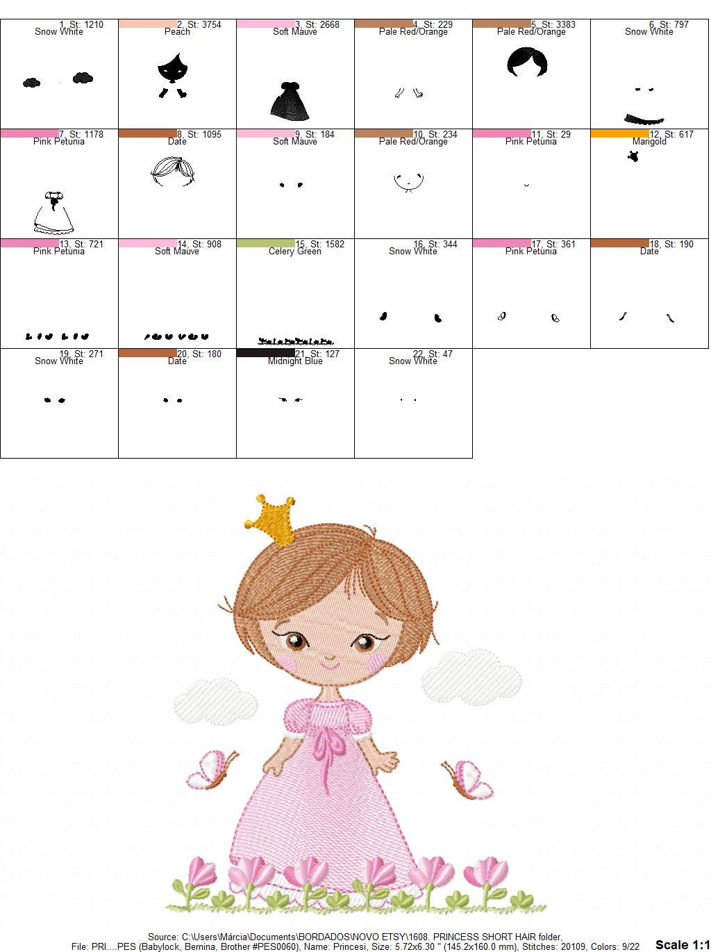 Princess embroidery designs - Baby girl embroidery design machine embroidery pattern - Girl with flowers  and short hair embroidery file pes