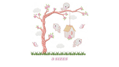 Bird embroidery designs - Bird House machine embroidery pattern - Baby girl embroidery file - Birds with tree - Instant download pes jef dst - Marcia Embroidery