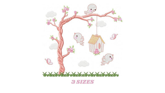 Bird embroidery designs - Bird House machine embroidery pattern - Baby girl embroidery file - Birds with tree - Instant download pes jef dst