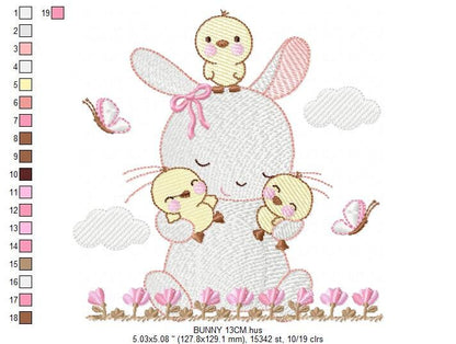 Bunny with birds embroidery design - Rabbit with little chicks machine embroidery pattern - Rabbit with flowers - Instant download pes jef - Marcia Embroidery