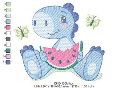 Dinosaur embroidery designs - Dino embroidery design machine embroidery pattern - Baby boy embroidery file - Dinosaur with watermelon pes Marcia Embroidery