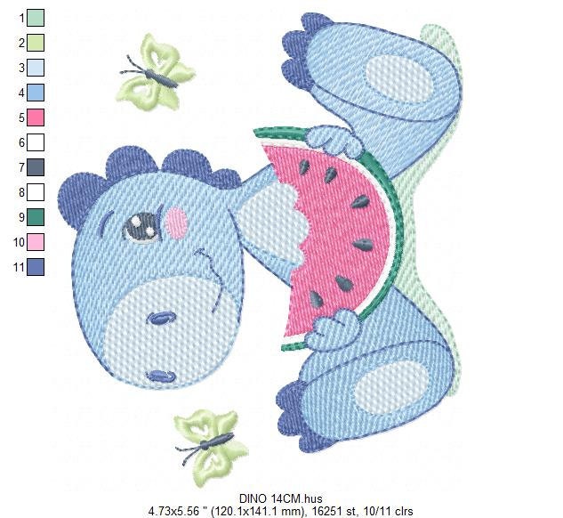 Dinosaur embroidery designs - Dino embroidery design machine embroidery pattern - Baby boy embroidery file - Dinosaur with watermelon pes Marcia Embroidery