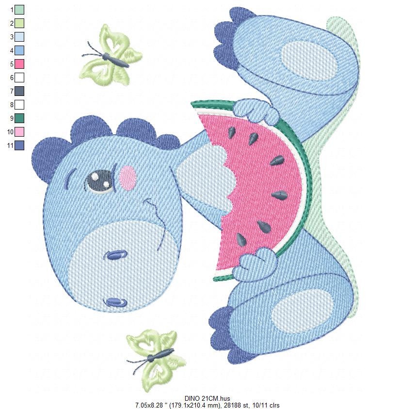 Dinosaur embroidery designs - Dino embroidery design machine embroidery pattern - Baby boy embroidery file - Dinosaur with watermelon pes Marcia Embroidery
