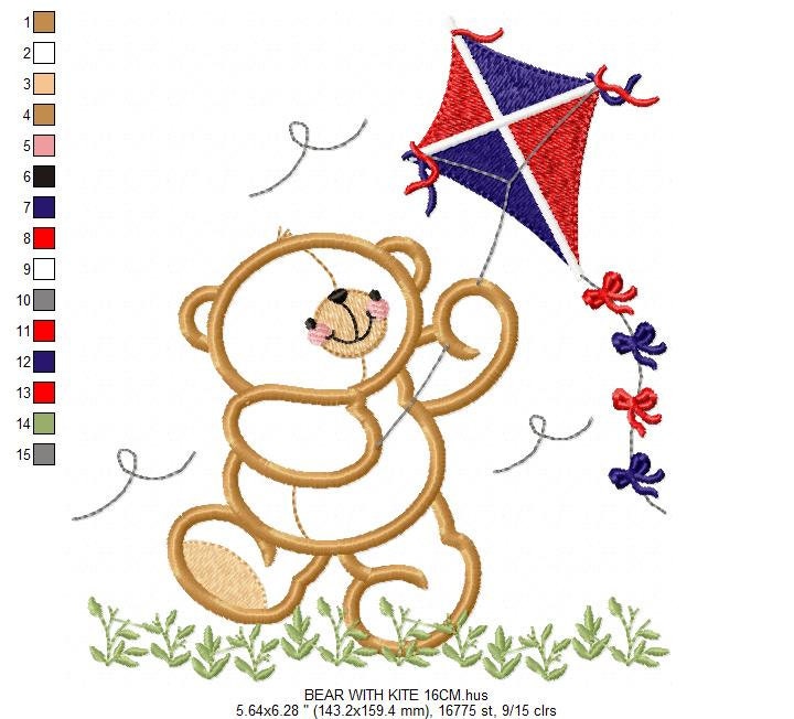 Kite embroidery designs - Baby Boy embroidery design machine embroidery pattern - Bear embroidery file - Bear with kite applique design pes