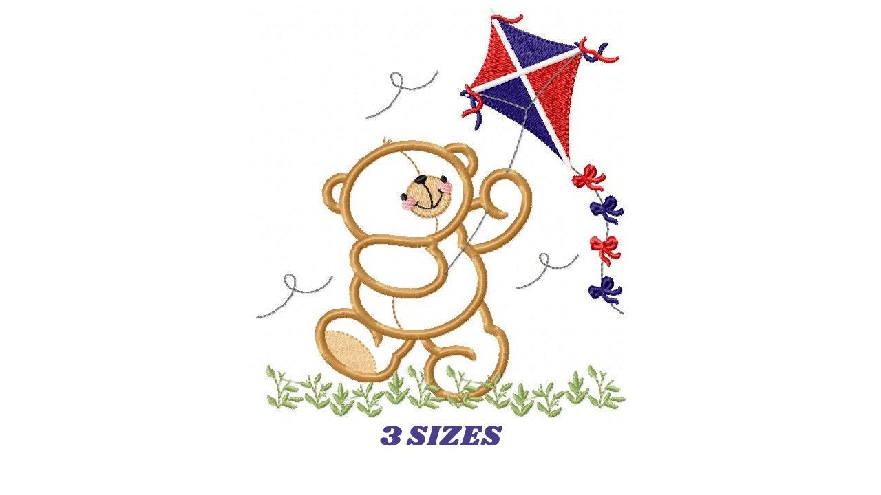 Kite embroidery designs - Baby Boy embroidery design machine embroidery pattern - Bear embroidery file - Bear with kite applique design pes