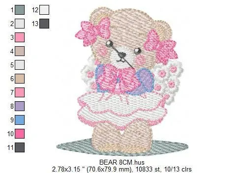 Female Bear embroidery designs - Baby girl embroidery design machine embroidery pattern - Bear with lace and dress embroidery file pes jef Marcia Embroidery