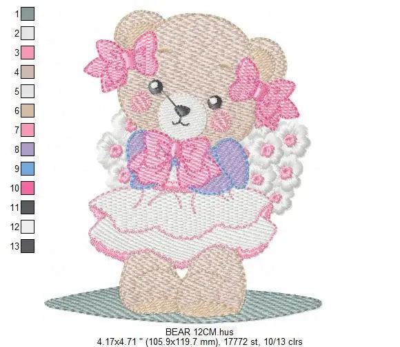 Female Bear embroidery designs - Baby girl embroidery design machine embroidery pattern - Bear with lace and dress embroidery file pes jef Marcia Embroidery