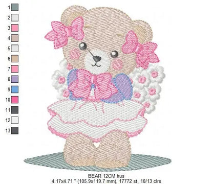 Female Bear embroidery designs - Baby girl embroidery design machine embroidery pattern - Bear with lace and dress embroidery file pes jef Marcia Embroidery